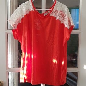 Adorable Orange Top with Cream Crocheted Shoulders